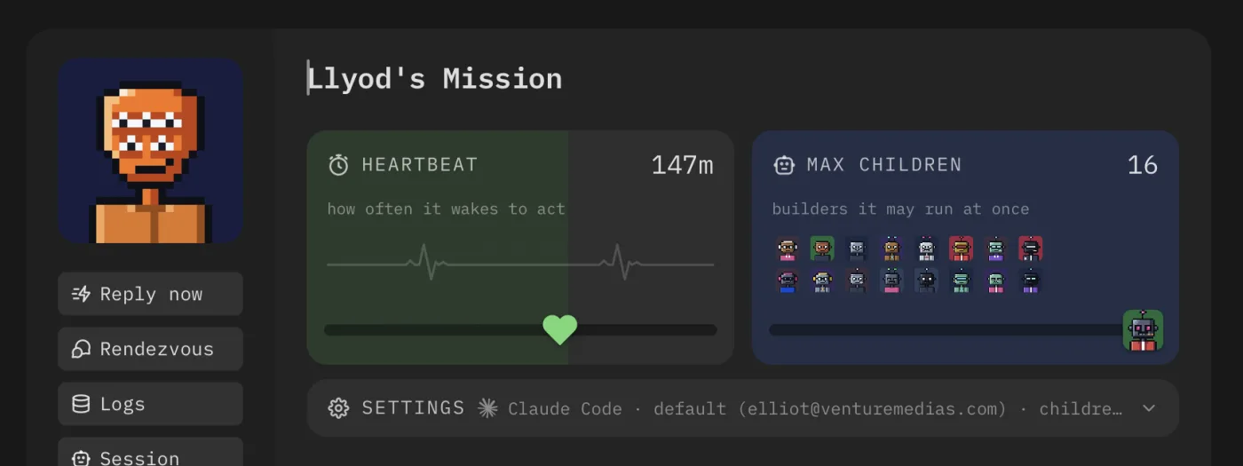Close-up of Lloyd's mission note in Scape: a HEARTBEAT card set to 147m labeled 'how often it wakes to act', next to a MAX CHILDREN card set to 16 labeled 'builders it may run at once' with a grid of pixel-art agent avatars.