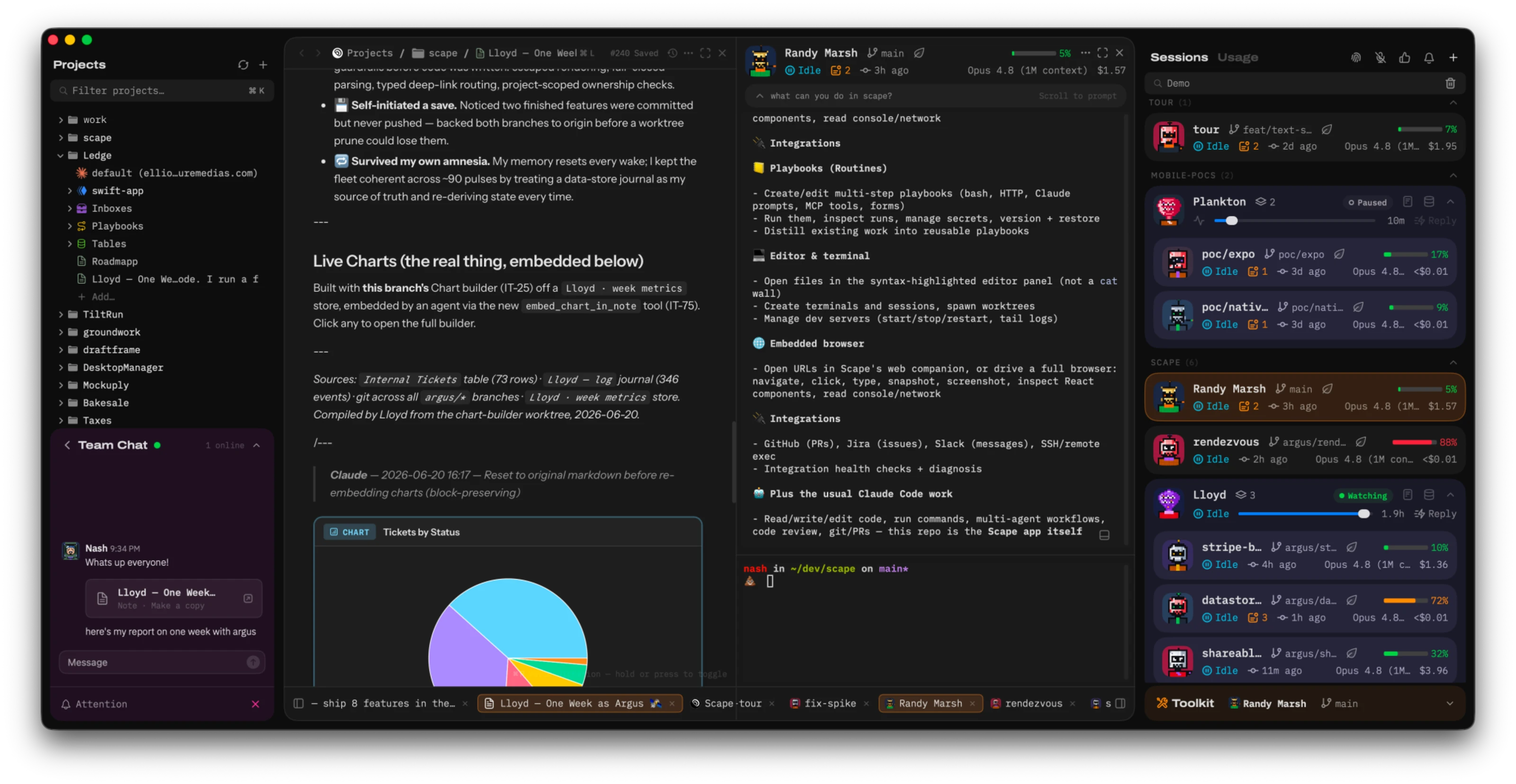 Scape — parallel agent sessions, the code editor, and the toolkit, with the marketing site being built inside the app.